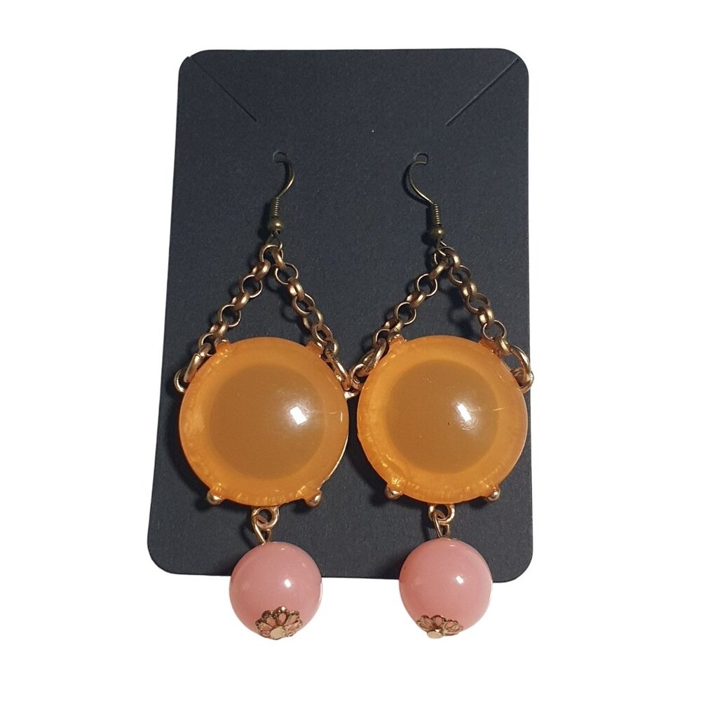 Retro Dangle Earrings Orange Resin Discs Pink Beads Gold-Tone Chain Hook Gift